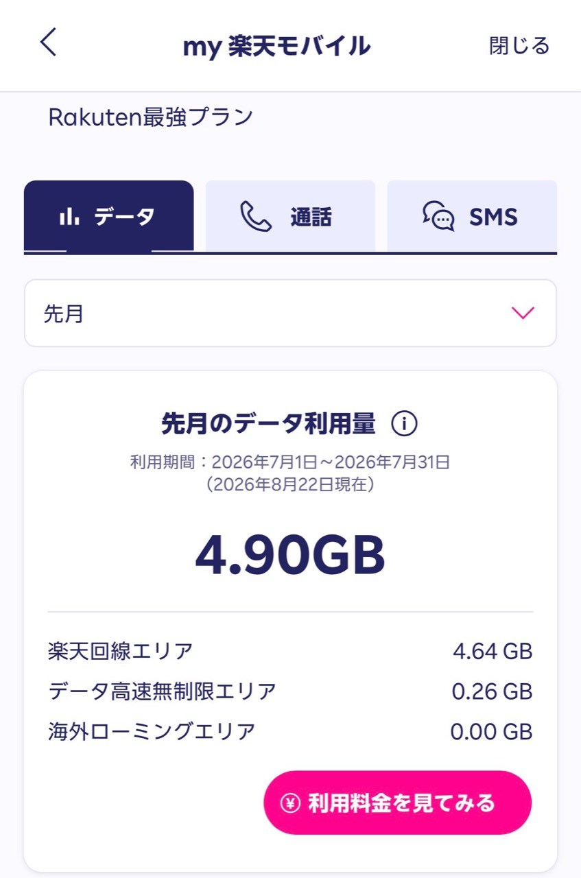 楽天モバイル2026年7月のデータ利用量4.90GB
